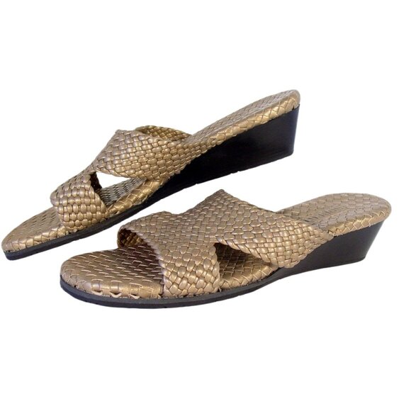 ROBERT ZUR Tamara $250 Woven Gold Leather Wedge Slide Sandals Women's 10 - NWOB - Picture 4 of 9